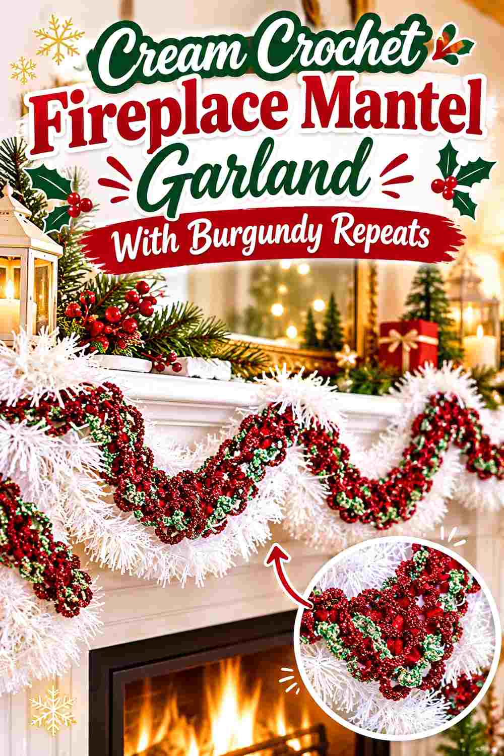 12. Cream Crochet Fireplace Mantel Garland With Burgundy Repeats