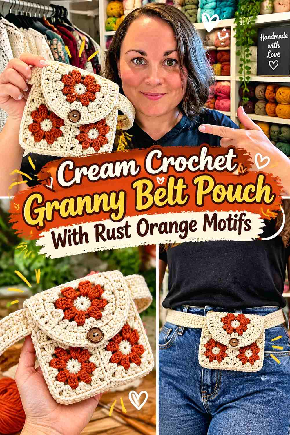 Cream Crochet Granny Belt Pouch With Rust Orange Motifs