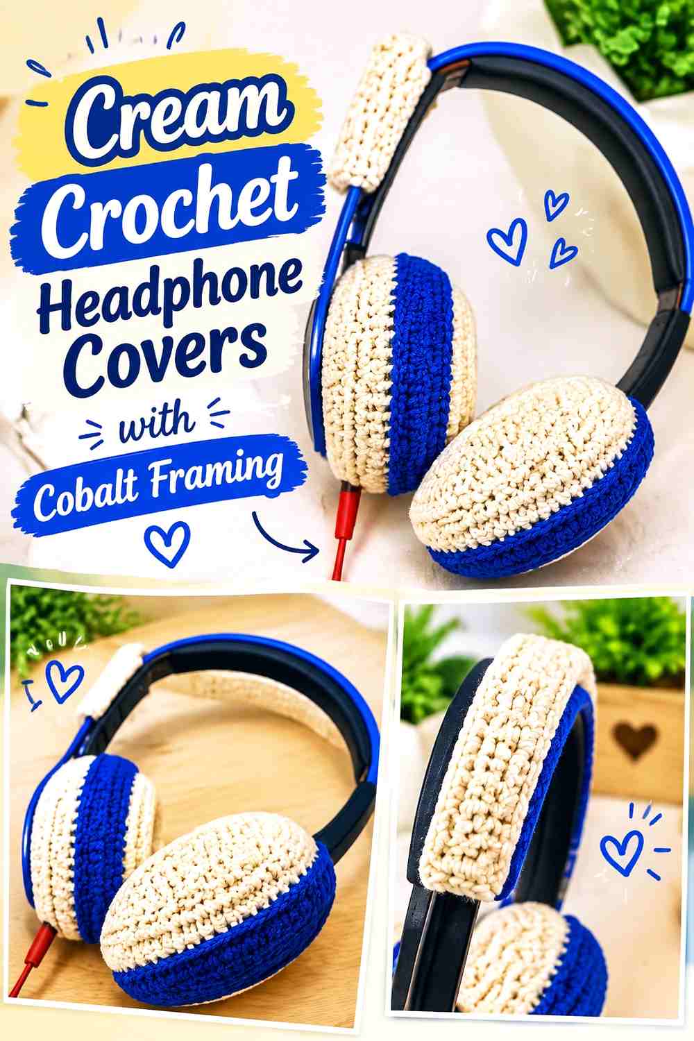 8. Cream Crochet Headphone Covers With Cobalt Framing