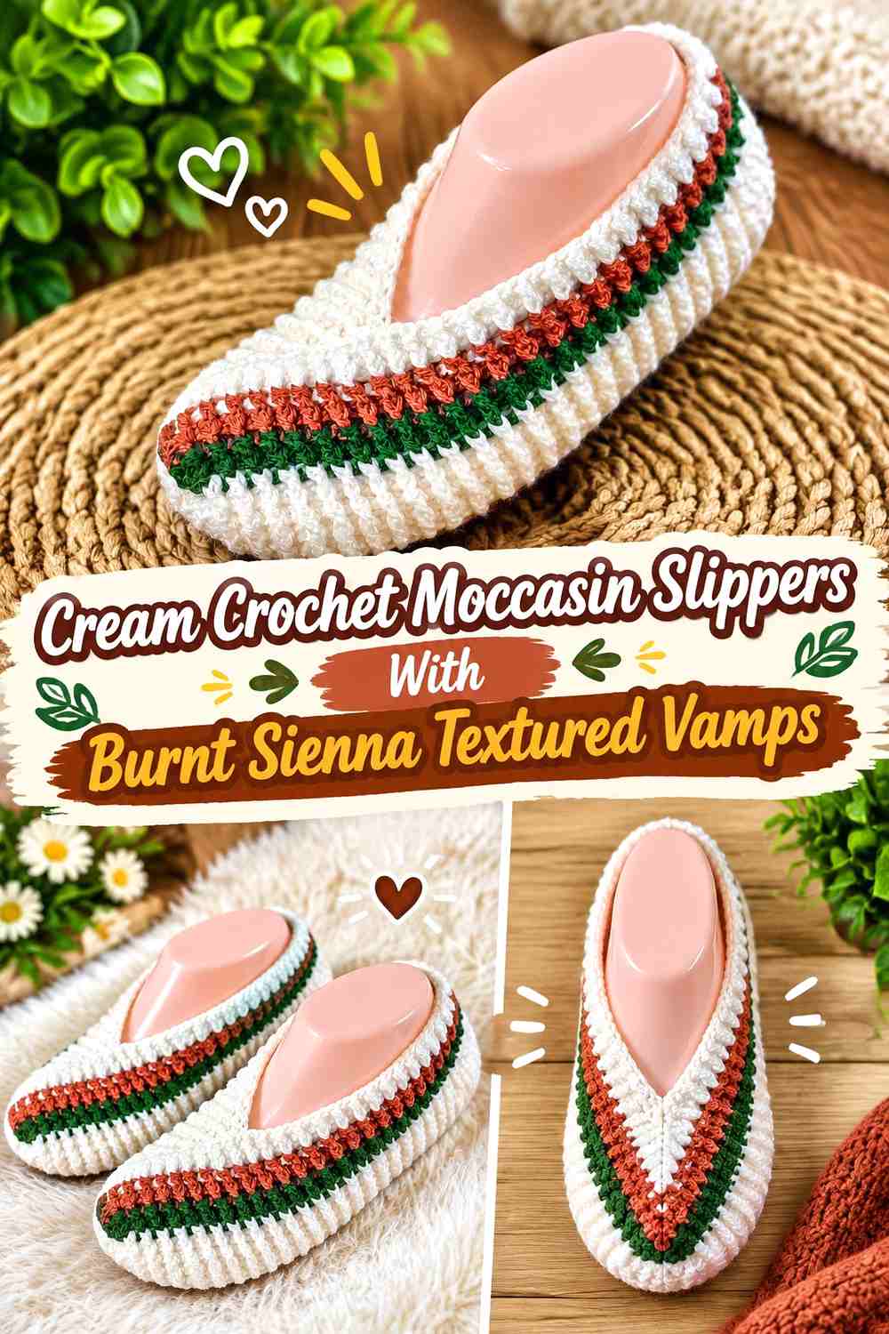 Cream Crochet Moccasin Slippers With Burnt Sienna Textured Vamps