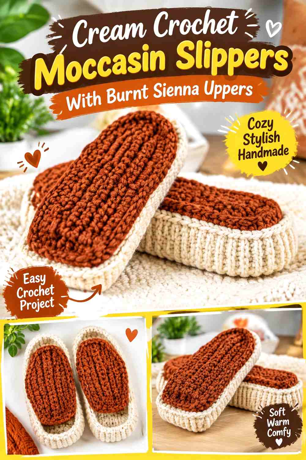 Cream Crochet Moccasin Slippers With Burnt Sienna Uppers