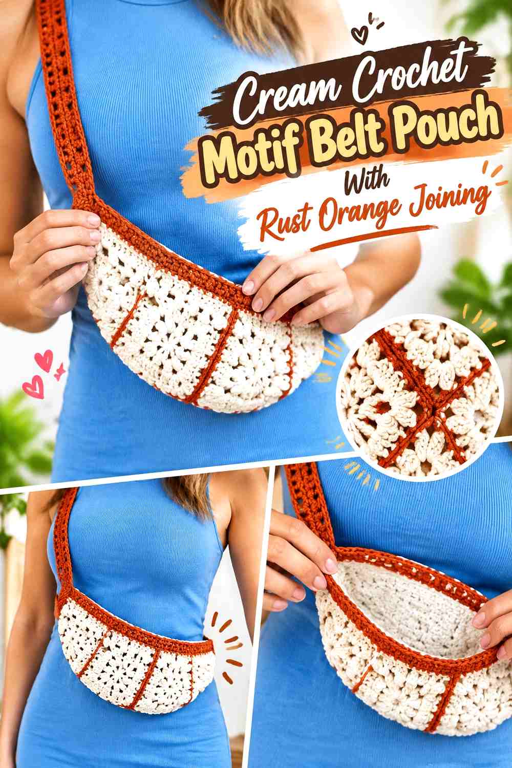 Cream Crochet Motif Belt Pouch With Rust Orange Joining