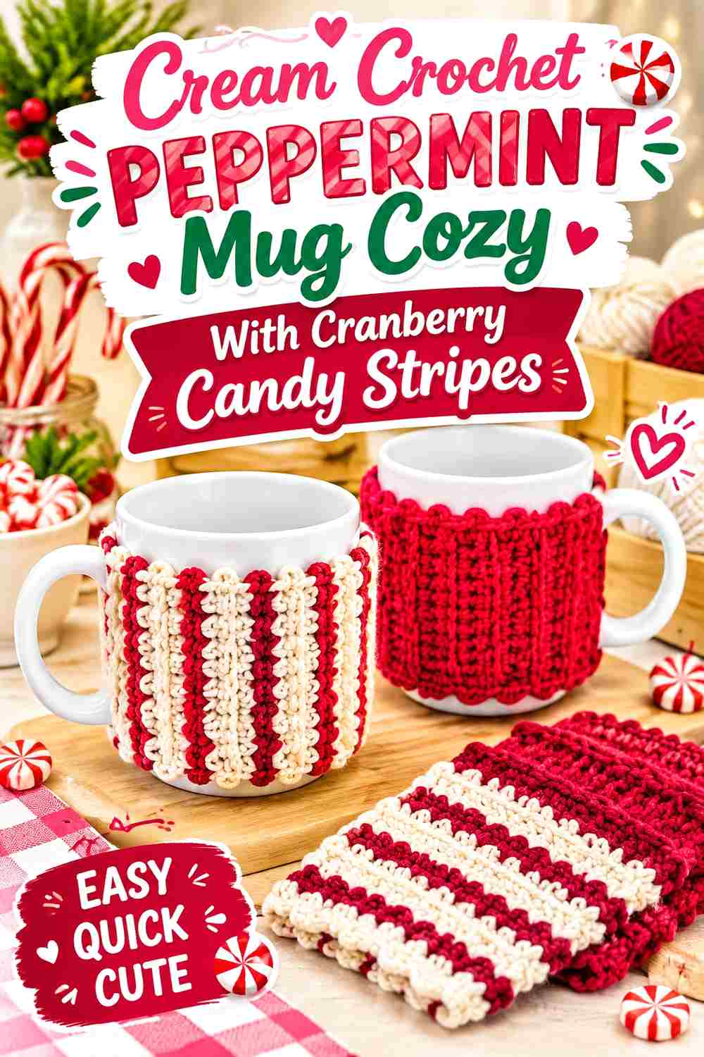 2. Cream Crochet Peppermint Mug Cozy With Cranberry Candy Stripes
