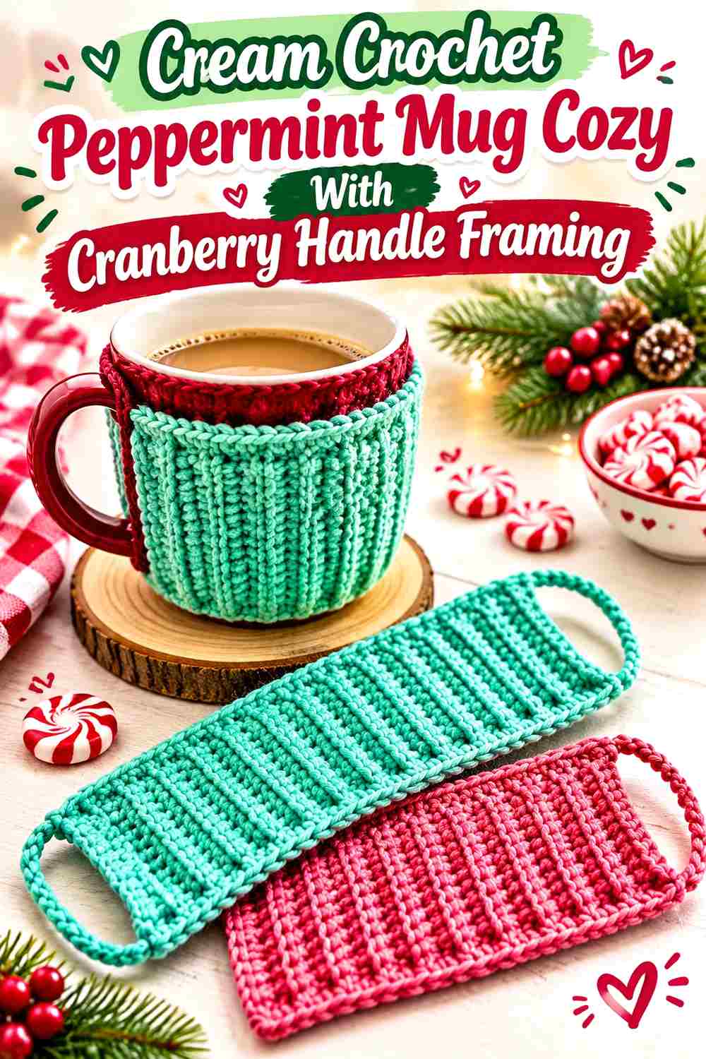 11. Cream Crochet Peppermint Mug Cozy With Cranberry Handle Framing
