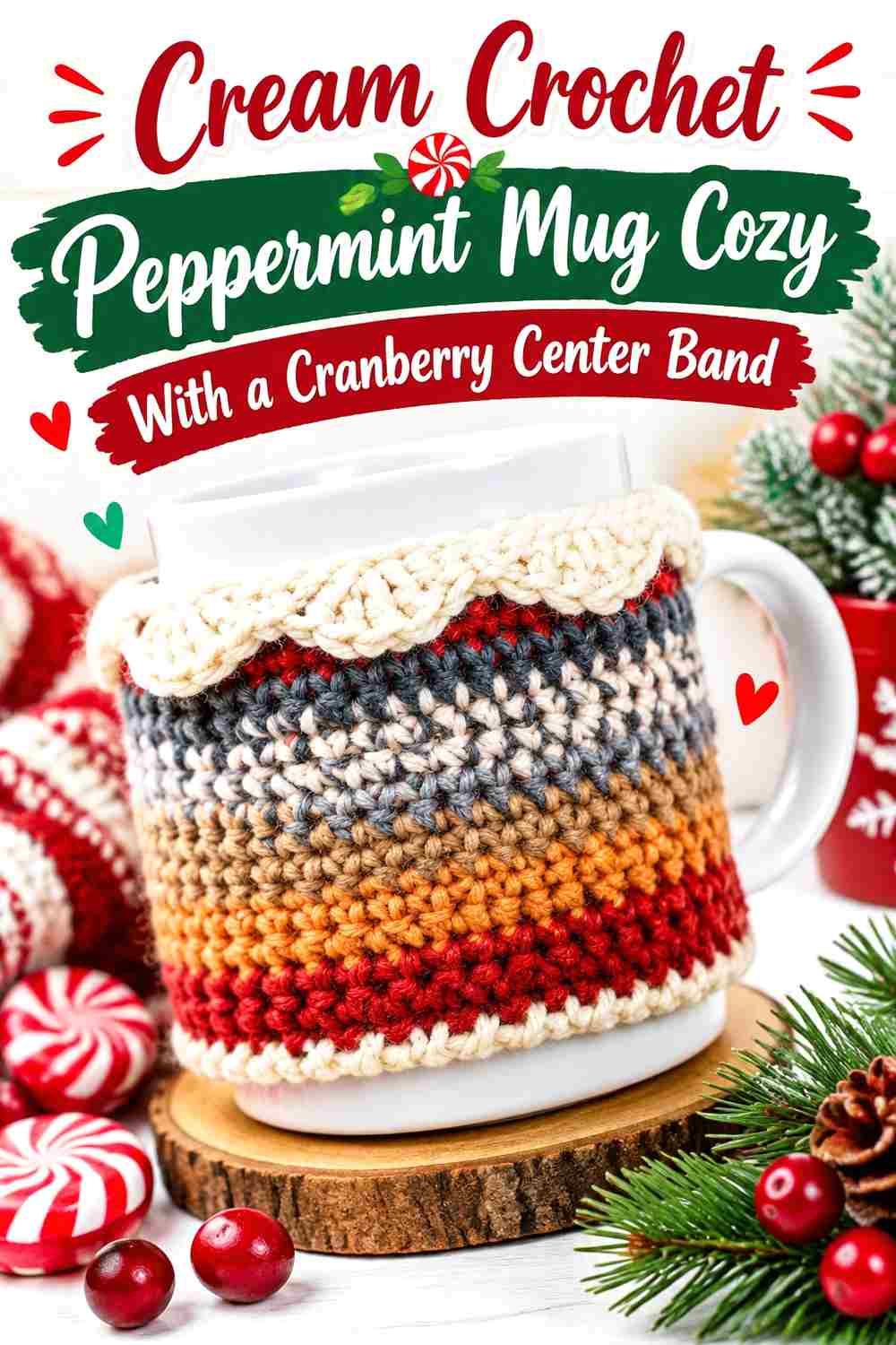 13. Cream Crochet Peppermint Mug Cozy With A Cranberry Center Band