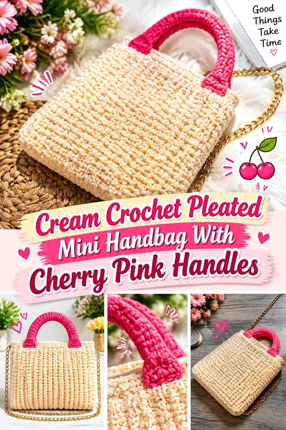 Cream Crochet Pleated Mini Handbag With Cherry Pink Handles