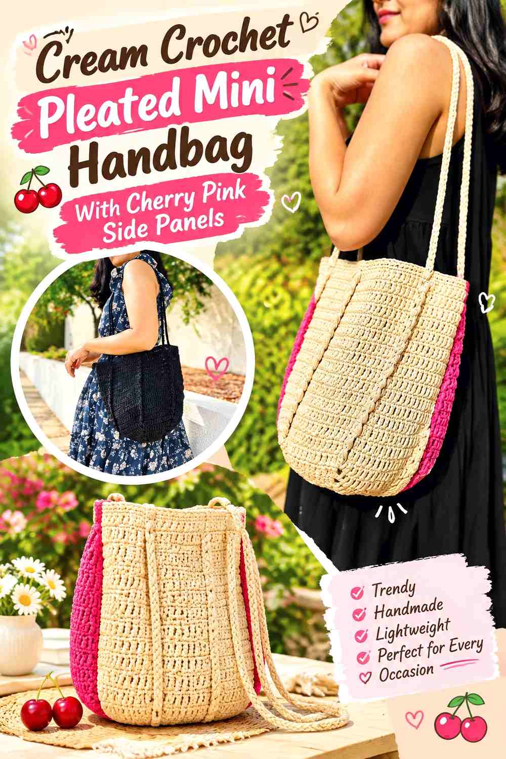 Cream Crochet Pleated Mini Handbag With Cherry Pink Side Panels