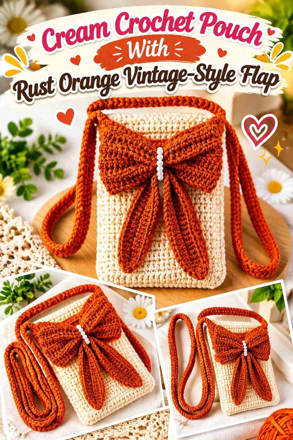 Cream Crochet Pouch With Rust Orange Vintage-Style Flap