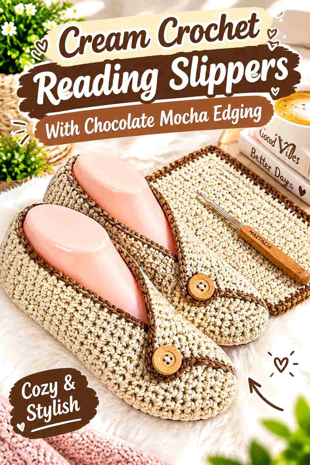 12. Cream Crochet Reading Slippers With Chocolate Mocha Edging