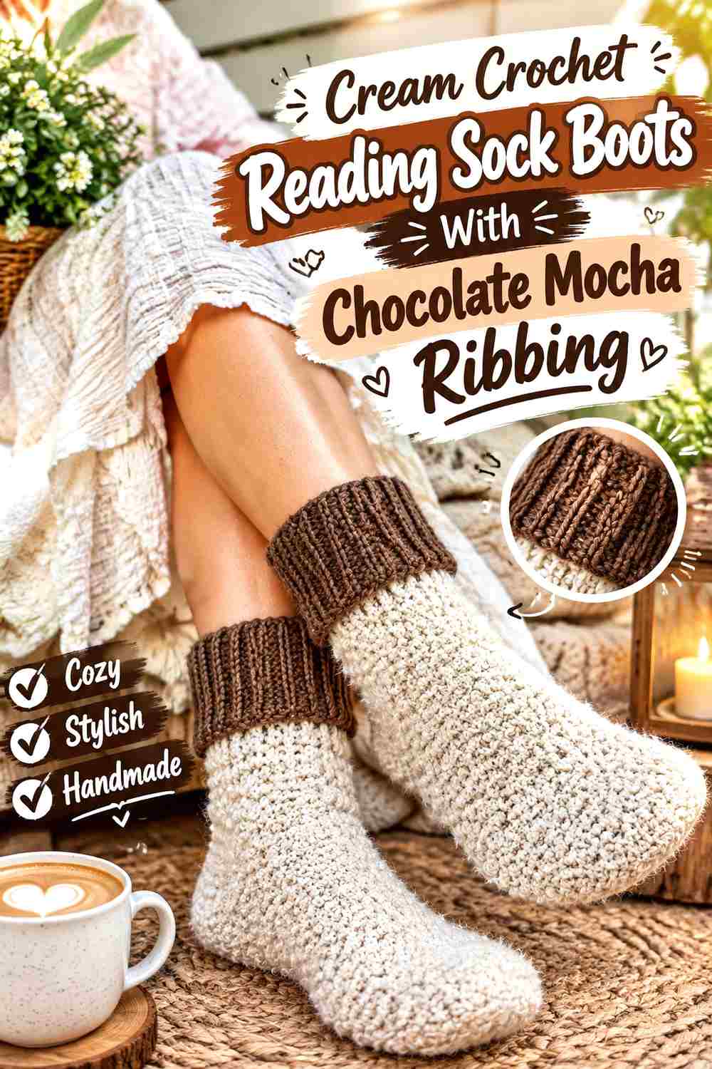 10. Cream Crochet Reading Sock Boots With Chocolate Mocha Ribbing