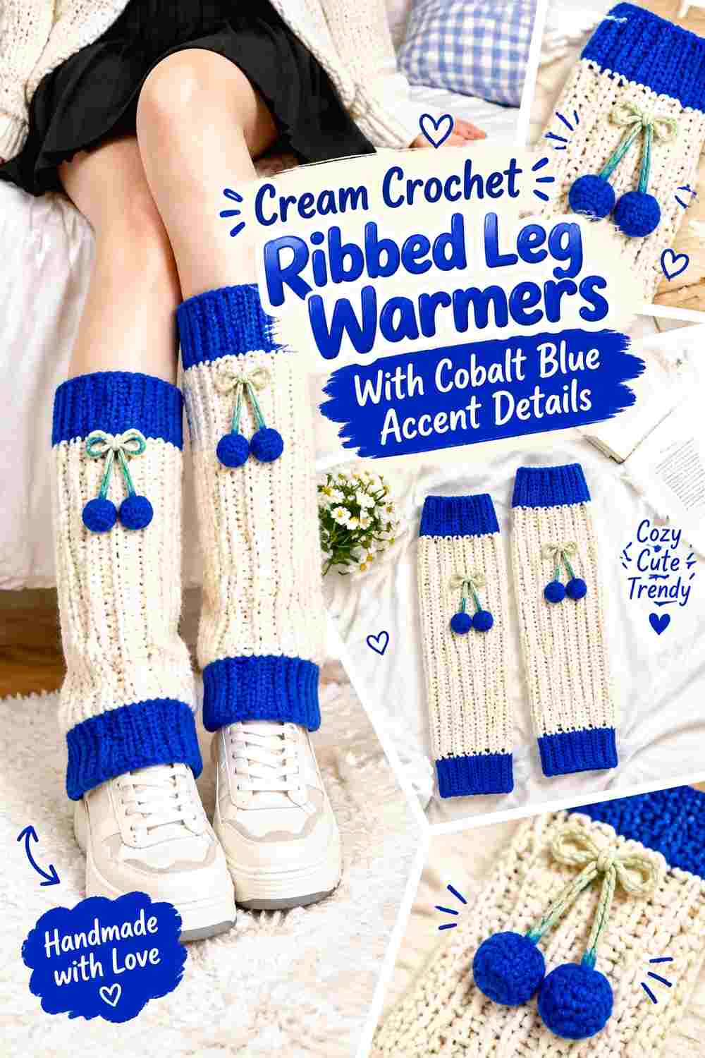 11. Cream Crochet Ribbed Leg Warmers With Cobalt Blue Accent Details