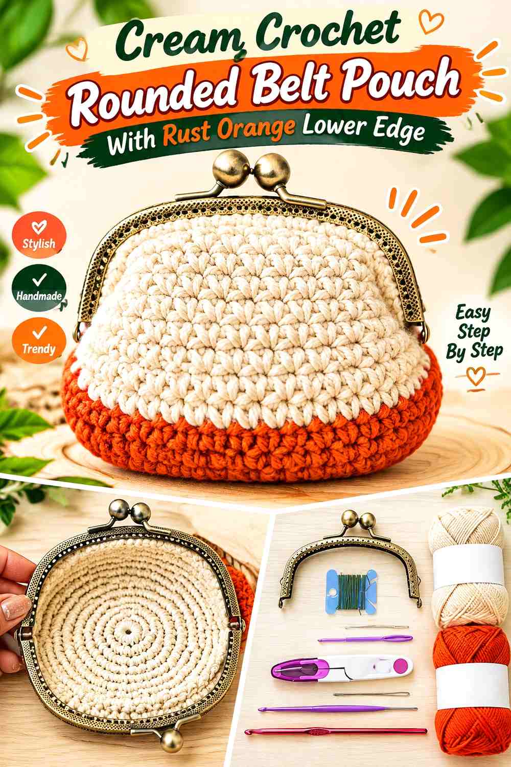 Cream Crochet Rounded Belt Pouch With Rust Orange Lower Edge
