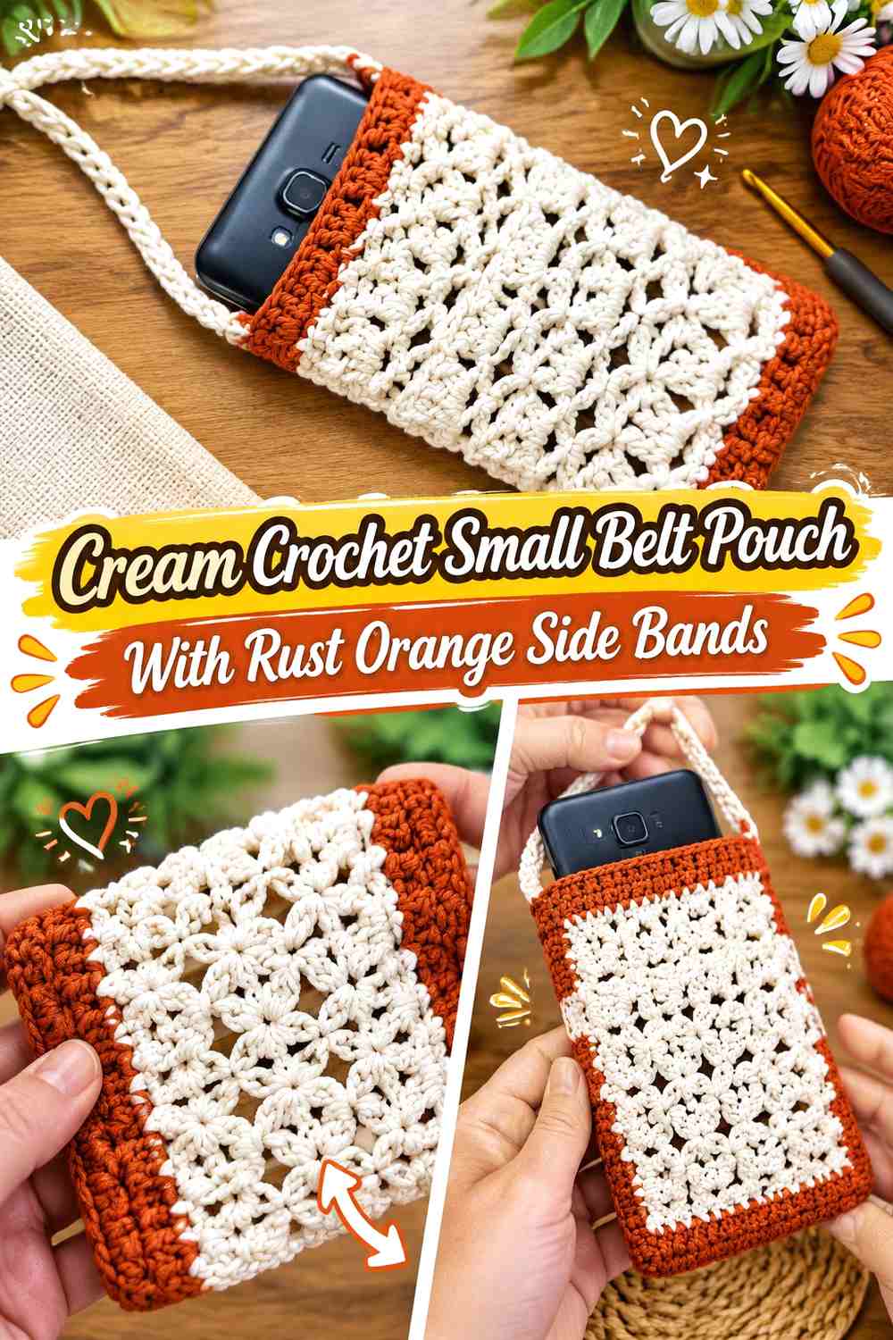 Cream Crochet Small Belt Pouch With Rust Orange Side Bands