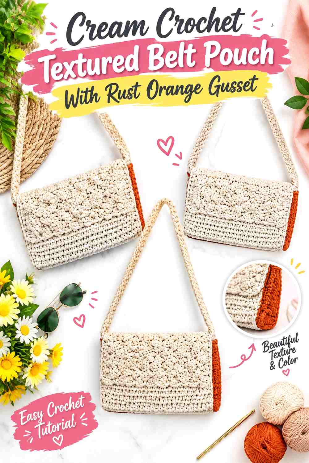 Cream Crochet Textured Belt Pouch With Rust Orange Gusset