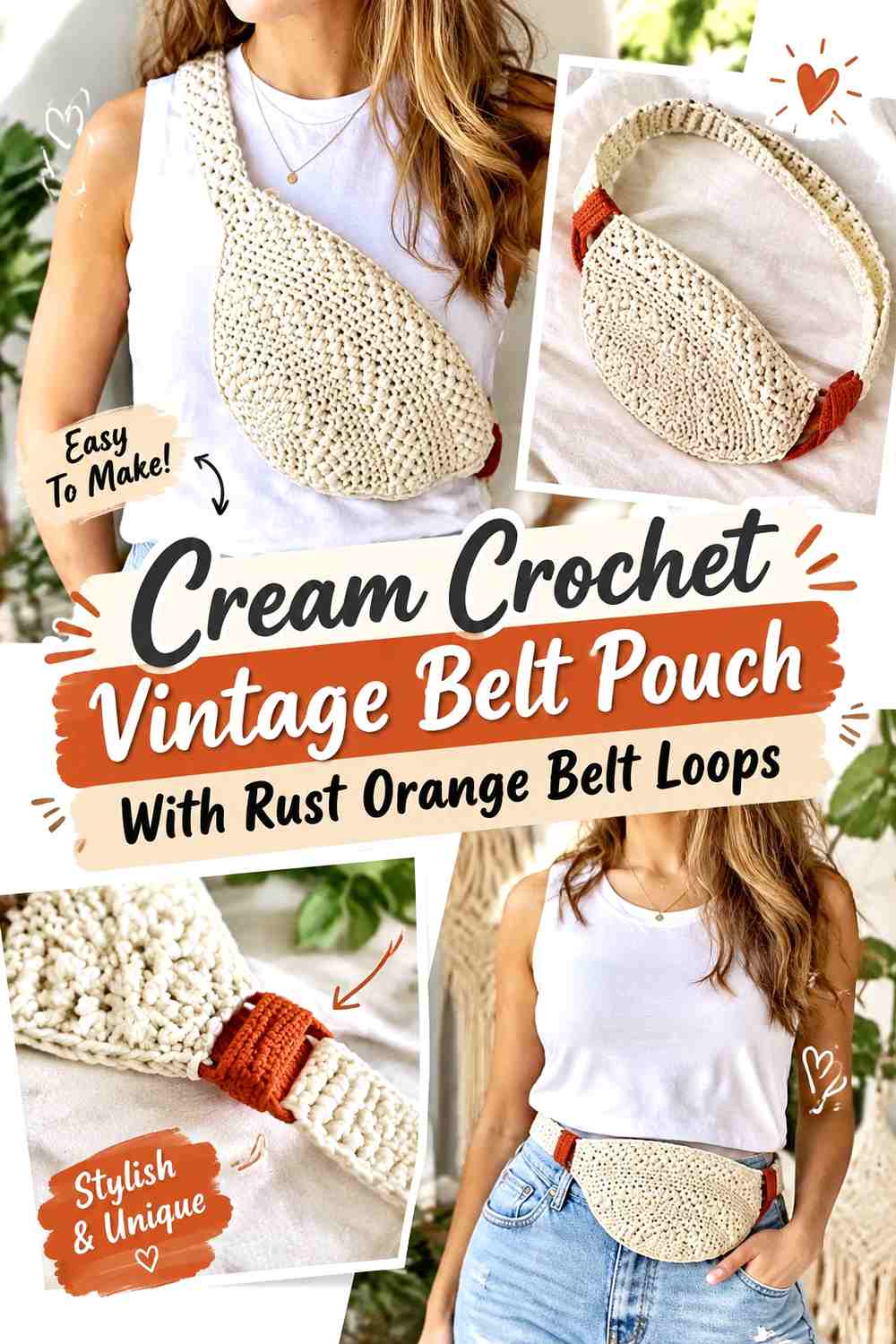 Cream Crochet Vintage Belt Pouch With Rust Orange Belt Loops