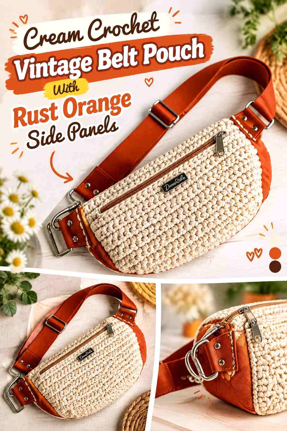 Cream Crochet Vintage Belt Pouch With Rust Orange Side Panels