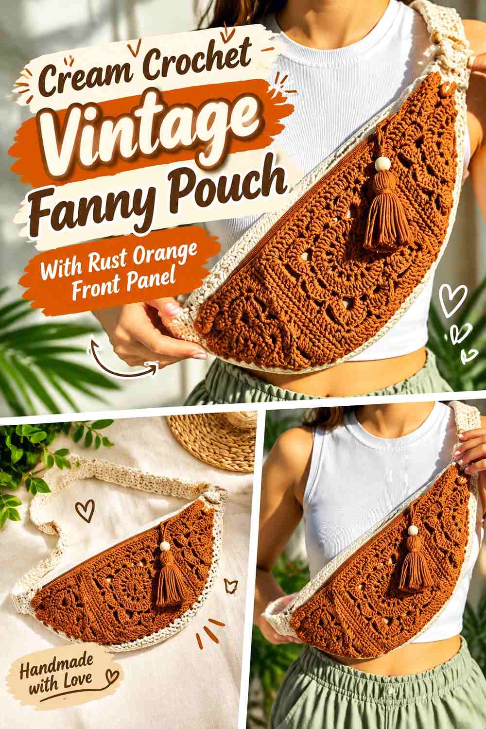 Cream Crochet Vintage Fanny Pouch With Rust Orange Front Panel
