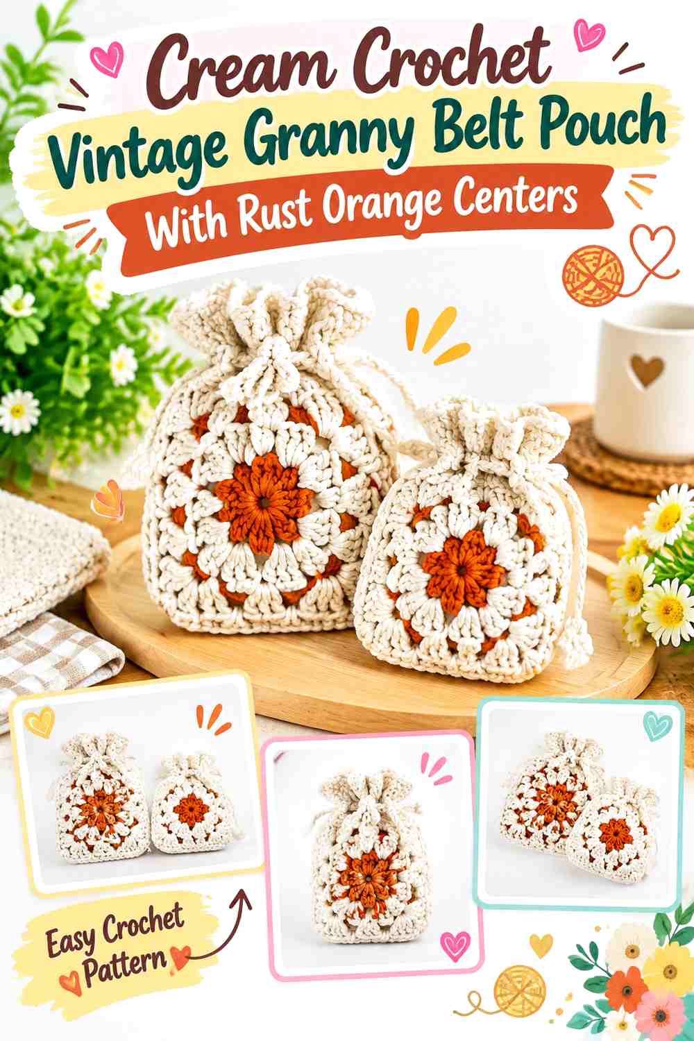 Cream Crochet Vintage Granny Belt Pouch With Rust Orange Centers