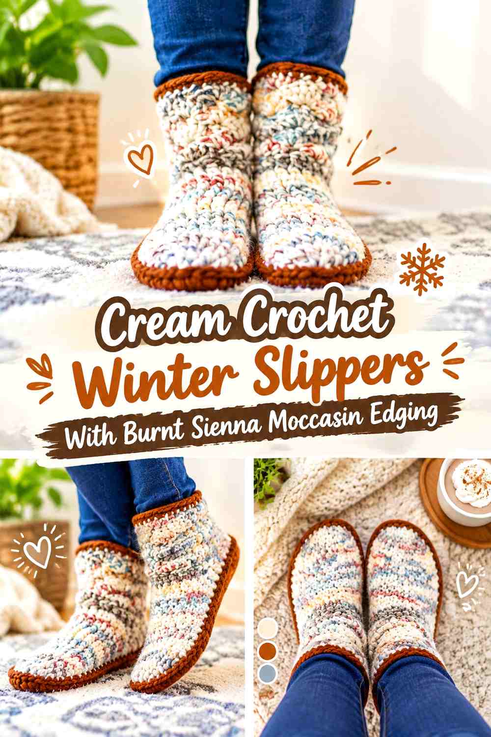 Cream Crochet Winter Slippers With Burnt Sienna Moccasin Edging