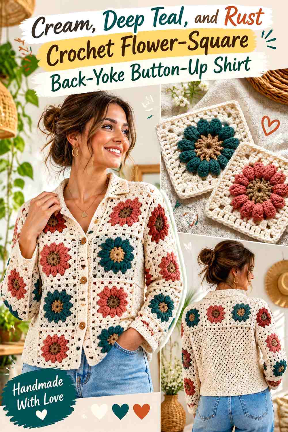 Cream, Deep Teal, and Rust Crochet Flower-Square Back-Yoke Button-Up Shirt