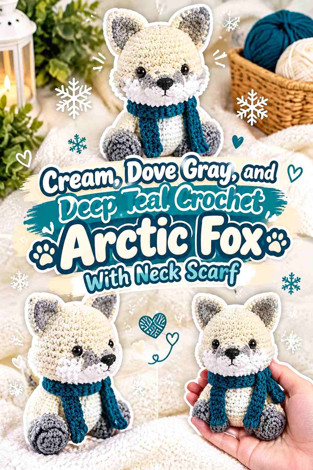 Cream, Dove Gray, and Deep Teal Crochet Arctic Fox With Neck Scarf