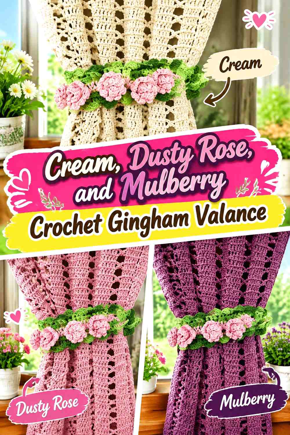 Cream, Dusty Rose, and Mulberry Crochet Gingham Valance