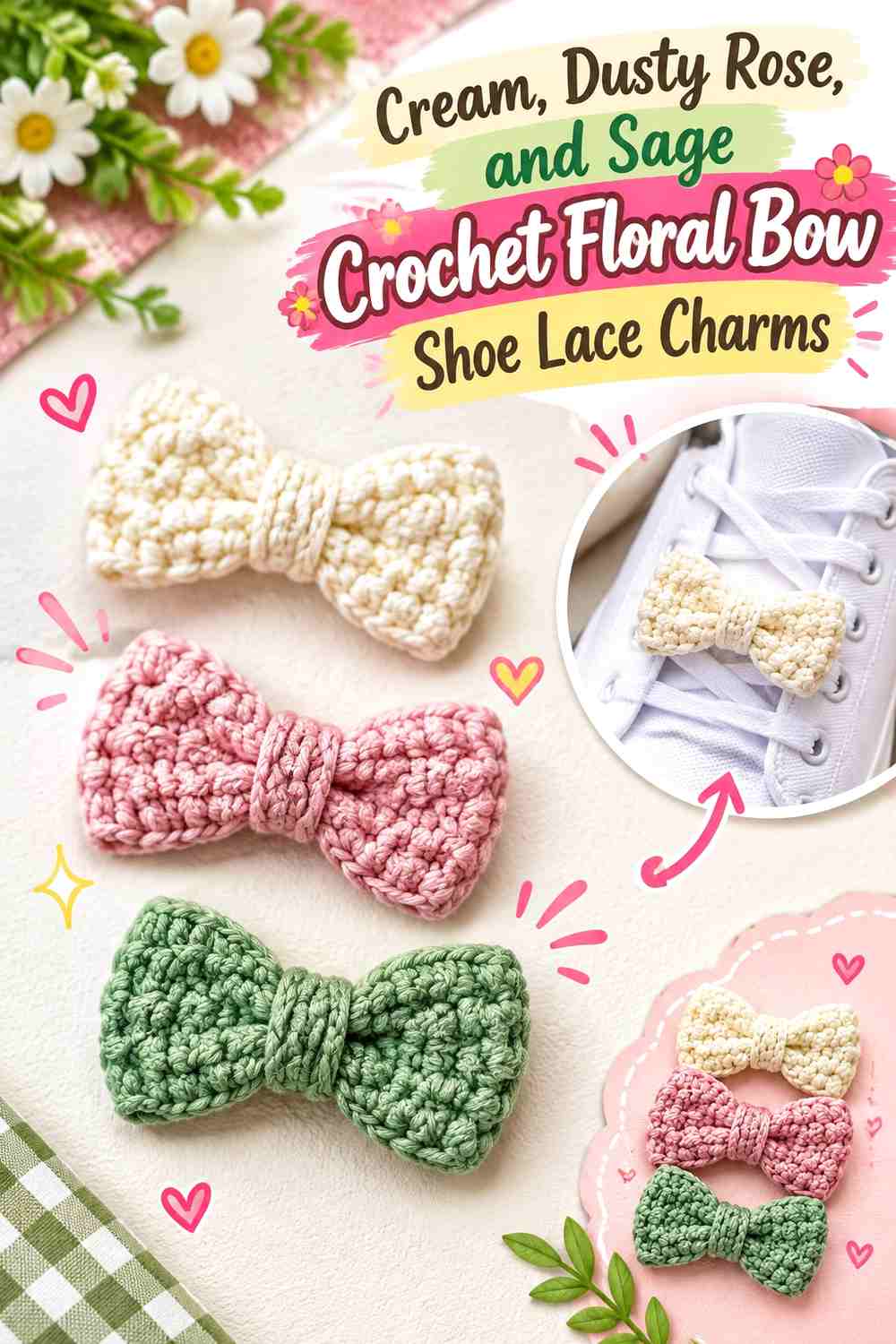 Cream, Dusty Rose, and Sage Crochet Floral Bow Shoe Lace Charms