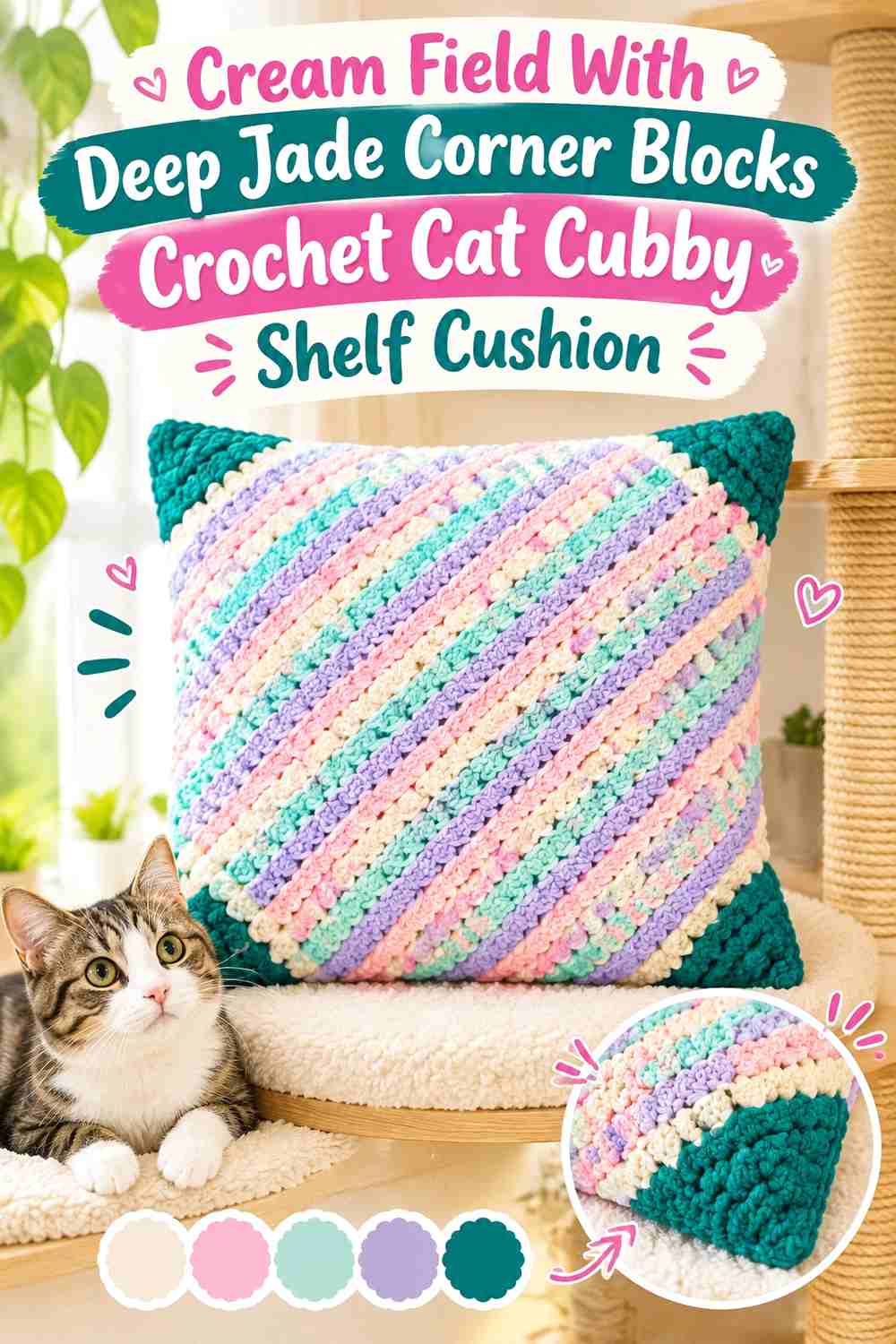 Cream Field With Deep Jade Corner Blocks Crochet Cat Cubby Shelf Cushion