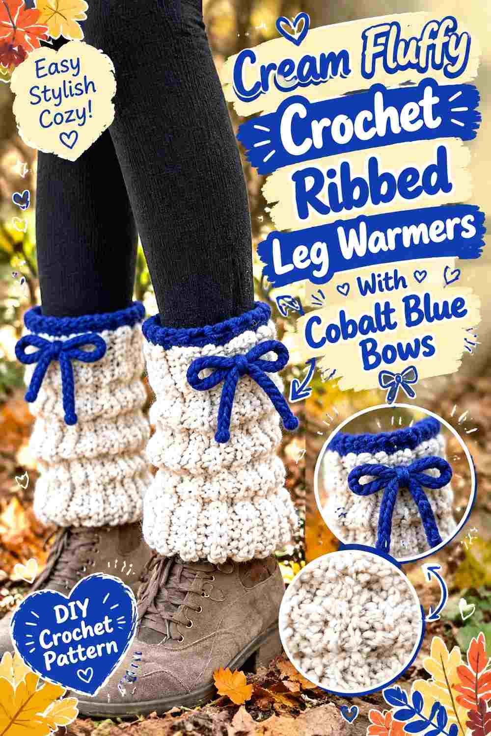8. Cream Fluffy Crochet Ribbed Leg Warmers With Cobalt Blue Bows