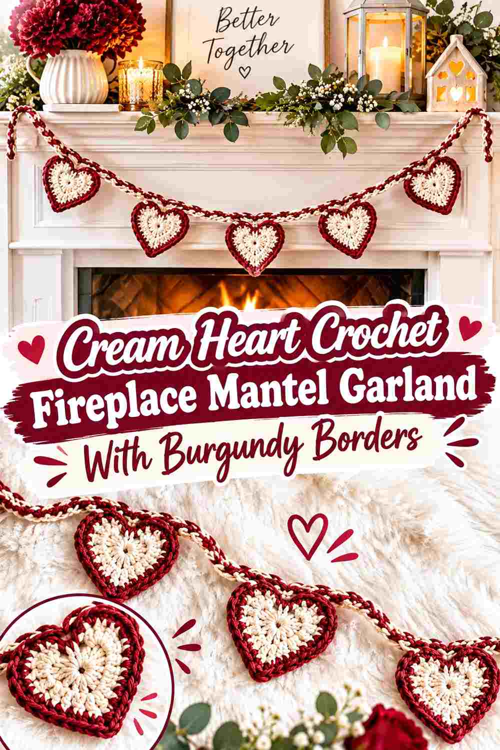 10. Cream Heart Crochet Fireplace Mantel Garland With Burgundy Borders