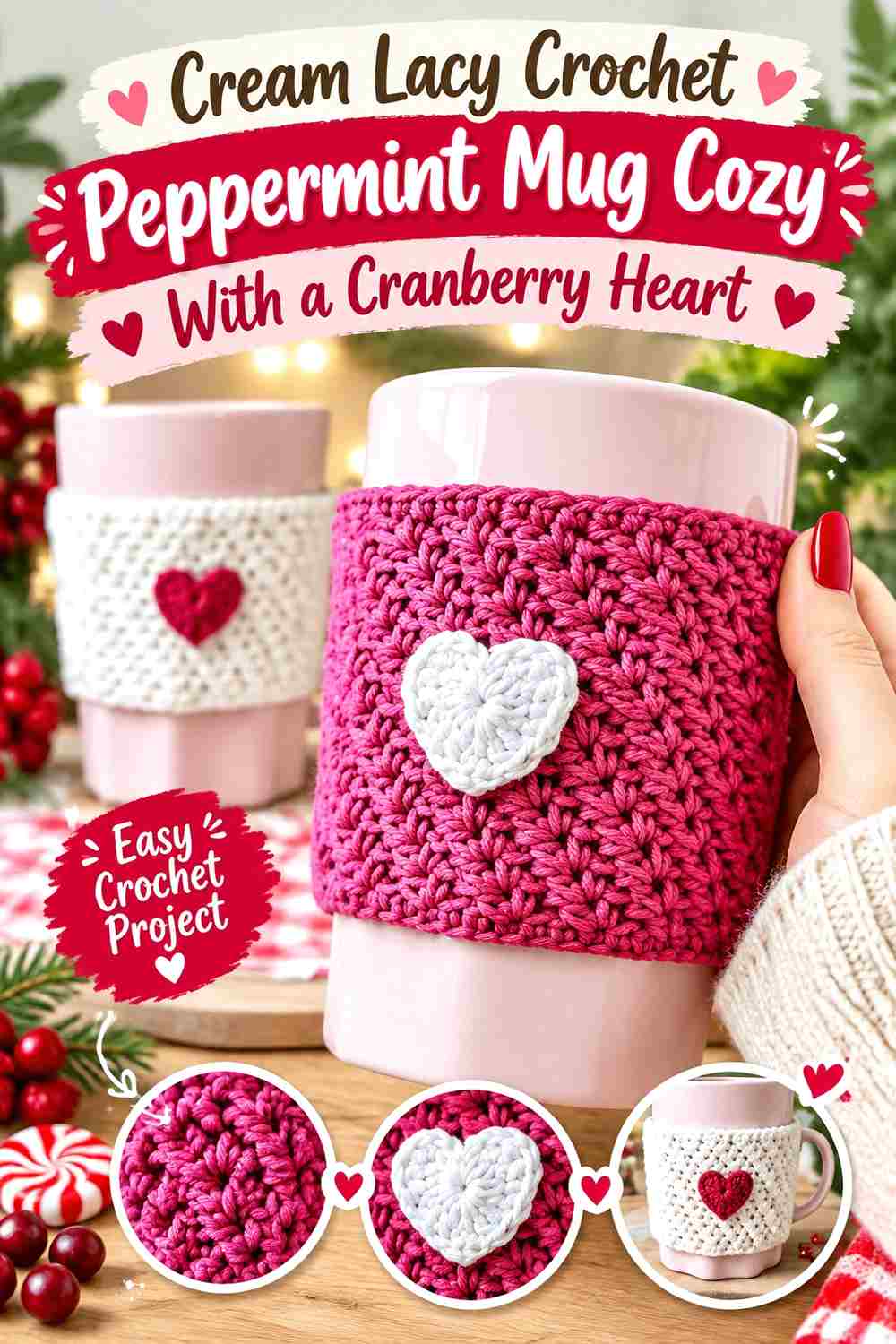 6. Cream Lacy Crochet Peppermint Mug Cozy With A Cranberry Heart
