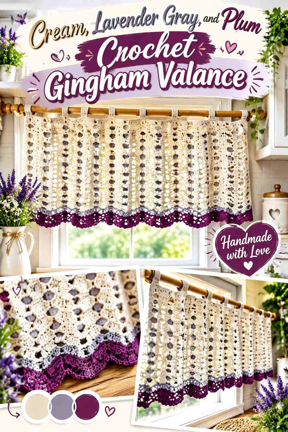 Cream, Lavender Gray, and Plum Crochet Gingham Valance