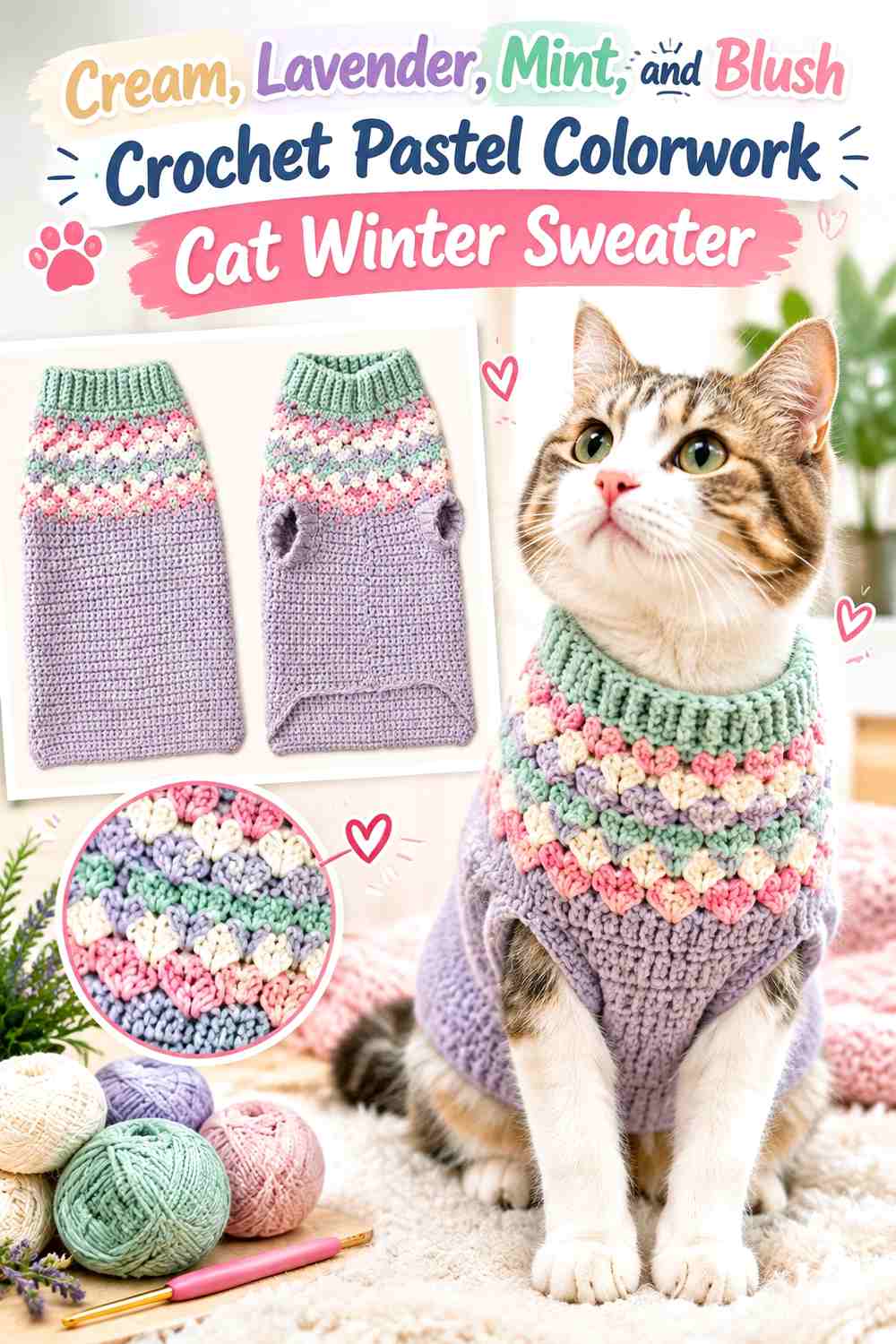 Cream, Lavender, Mint, and Blush Crochet Pastel Colorwork Cat Winter Sweater