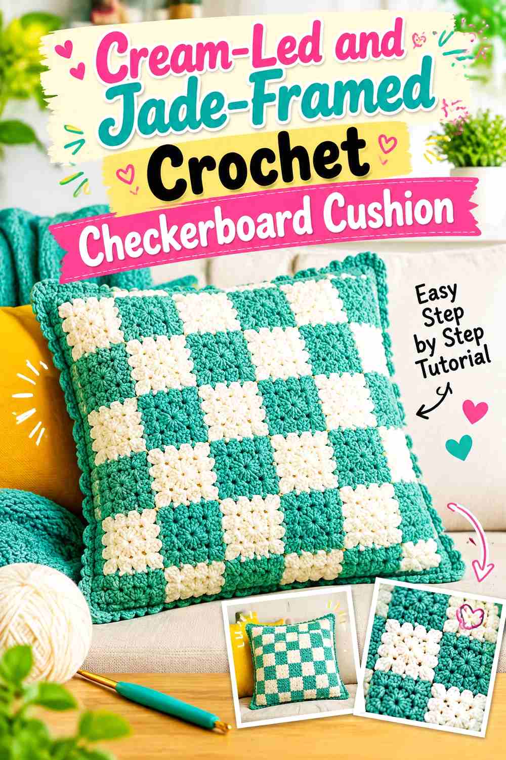 2. Cream Led And Jade Framed Crochet Checkerboard Cushion