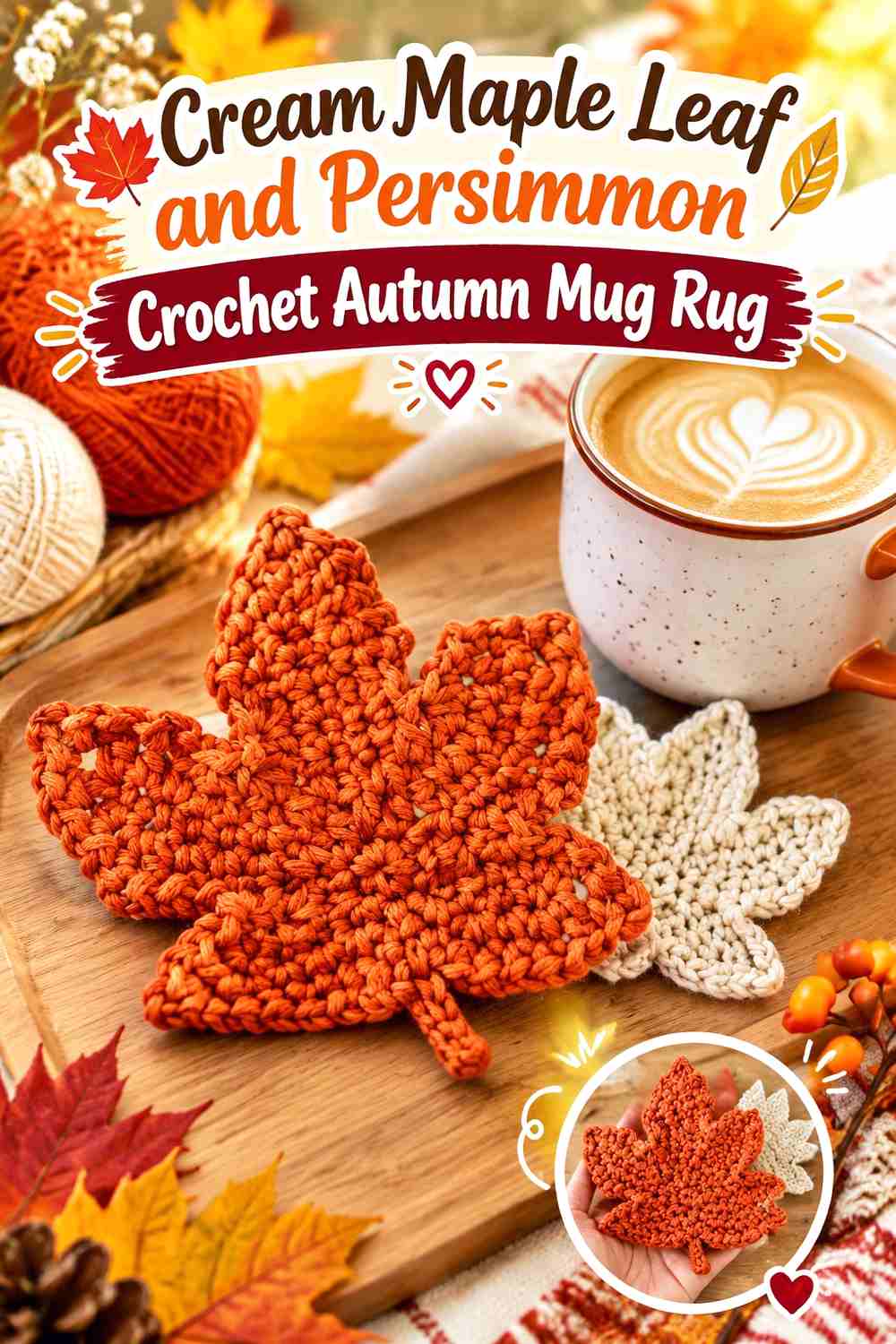 2. Cream Maple Leaf And Persimmon Crochet Autumn Mug Rug