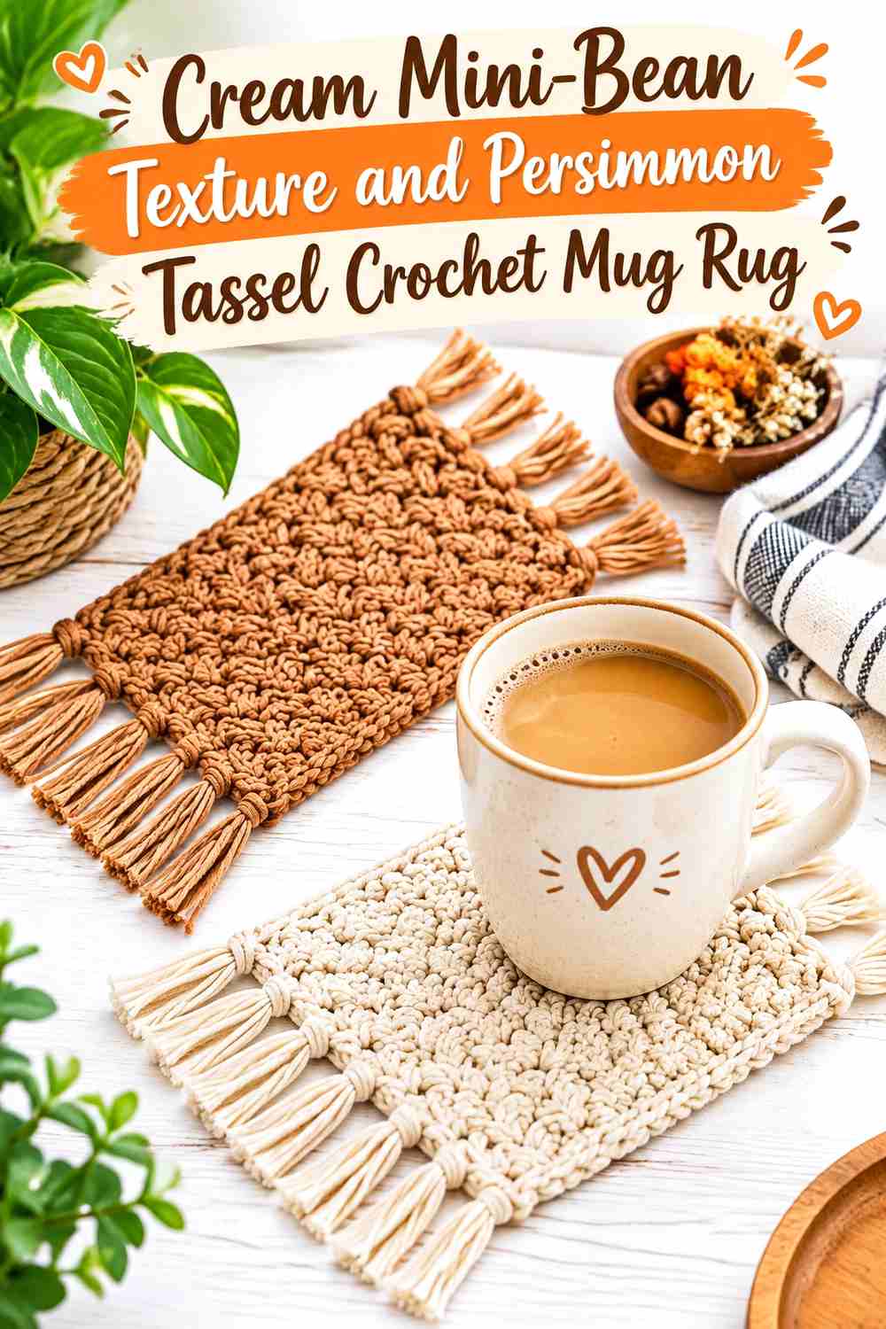 16. Cream Mini Bean Texture And Persimmon Tassel Crochet Mug Rug