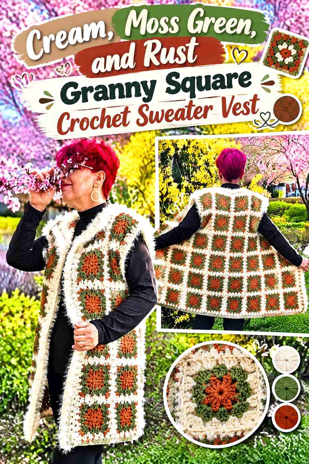 Cream, Moss Green, and Rust Granny Square Crochet Sweater Vest