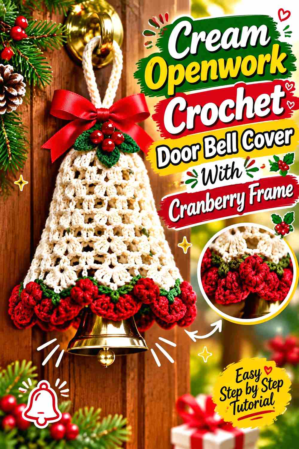 5. Cream Openwork Crochet Door Bell Cover With Cranberry Frame