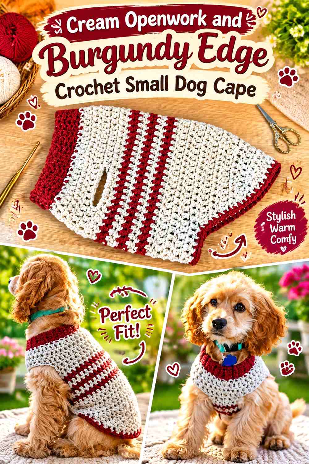 Cream Openwork and Burgundy Edge Crochet Small Dog Cape