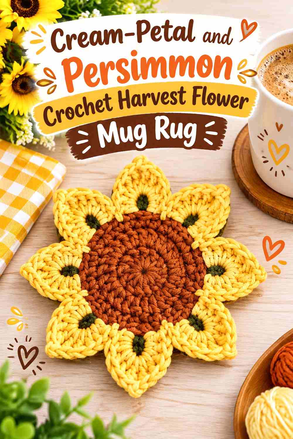 7. Cream Petal And Persimmon Crochet Harvest Flower Mug Rug