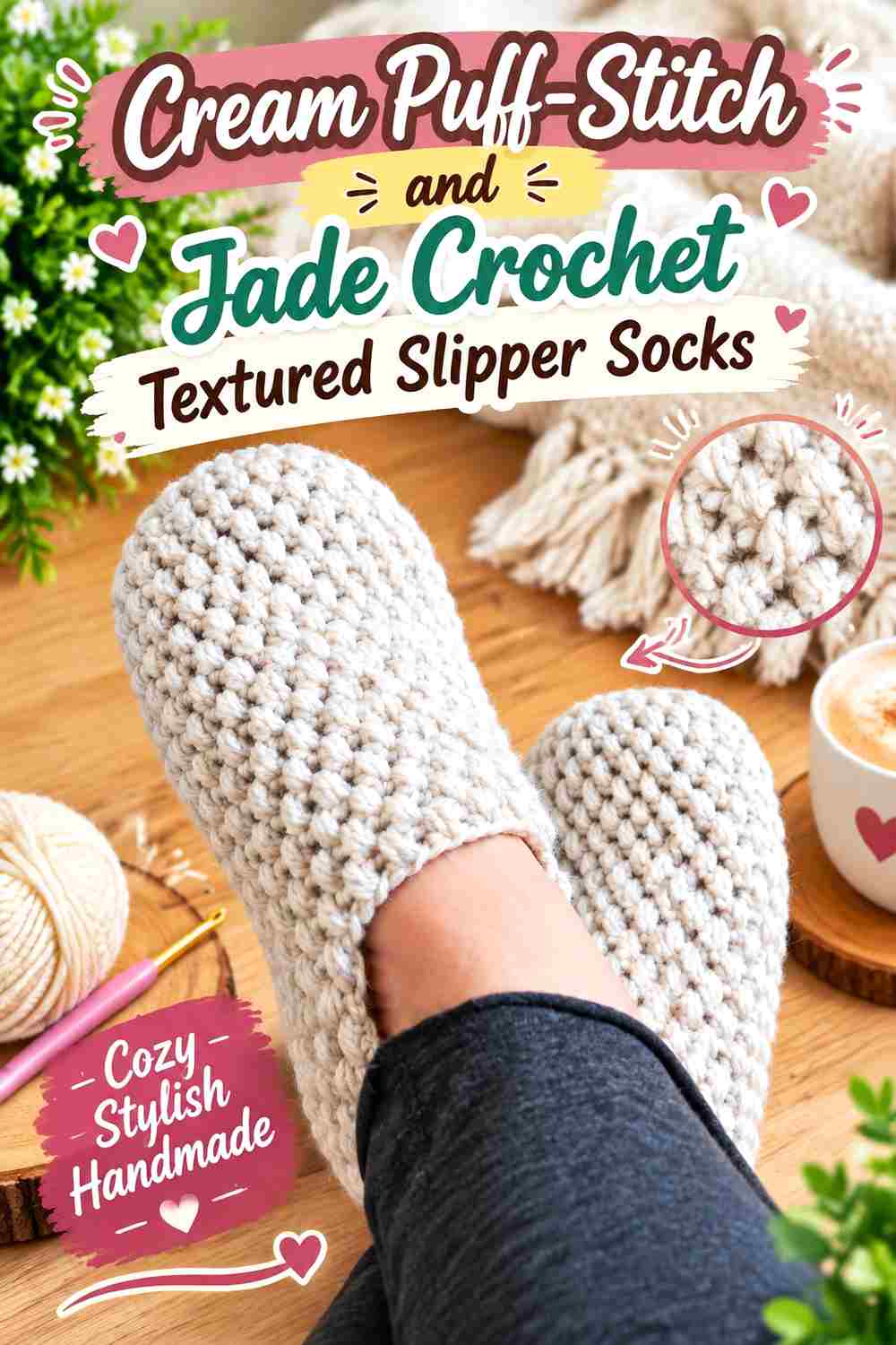 8. Cream Puff Stitch And Jade Crochet Textured Slipper Socks