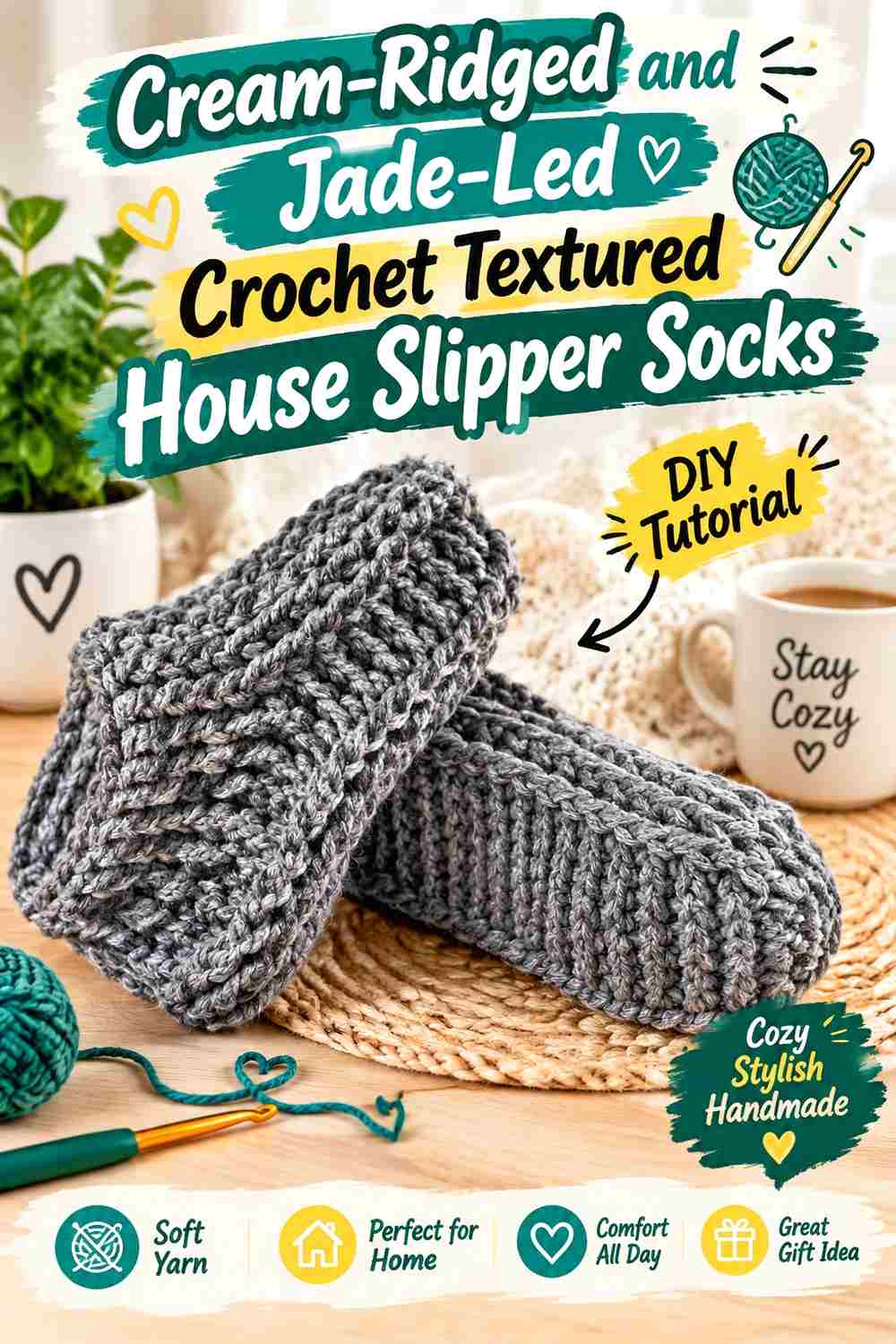 3. Cream Ridged And Jade Led Crochet Textured House Slipper Socks