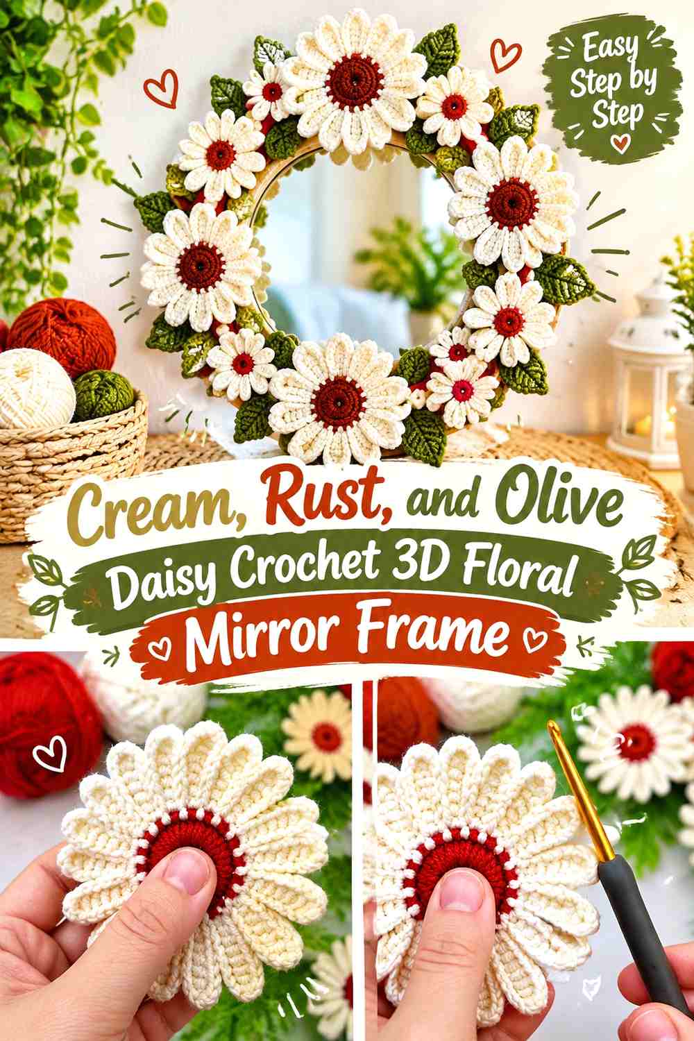 Cream, Rust, and Olive Daisy Crochet 3D Floral Mirror Frame