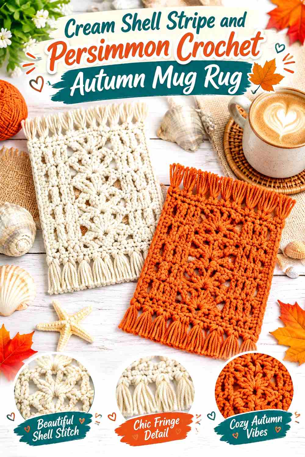 10. Cream Shell Stripe And Persimmon Crochet Autumn Mug Rug