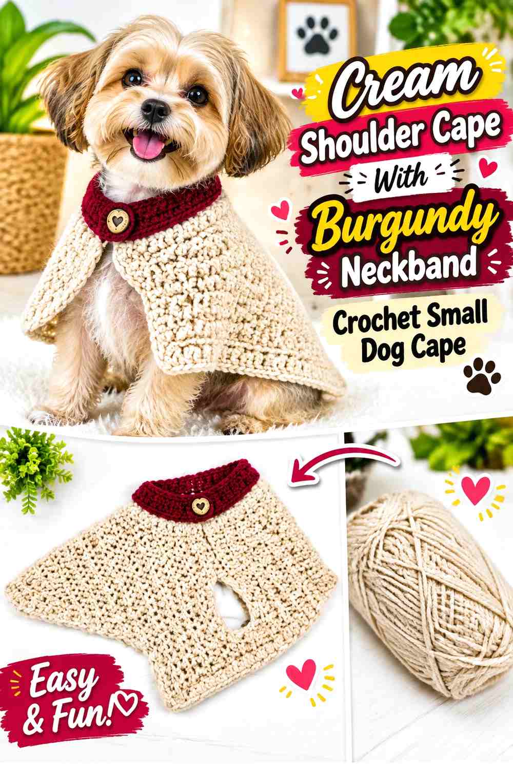 Cream Shoulder Cape With Burgundy Neckband Crochet Small Dog Cape