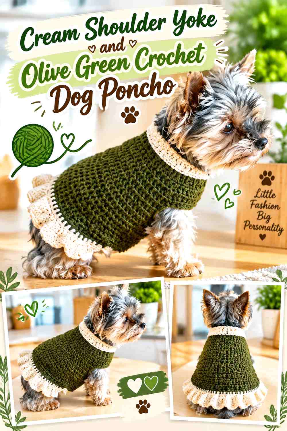 Cream Shoulder Yoke and Olive Green Crochet Dog Poncho