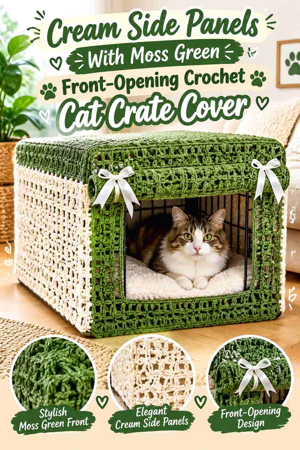 Cream Side Panels With Moss Green Front-Opening Crochet Cat Crate Cover