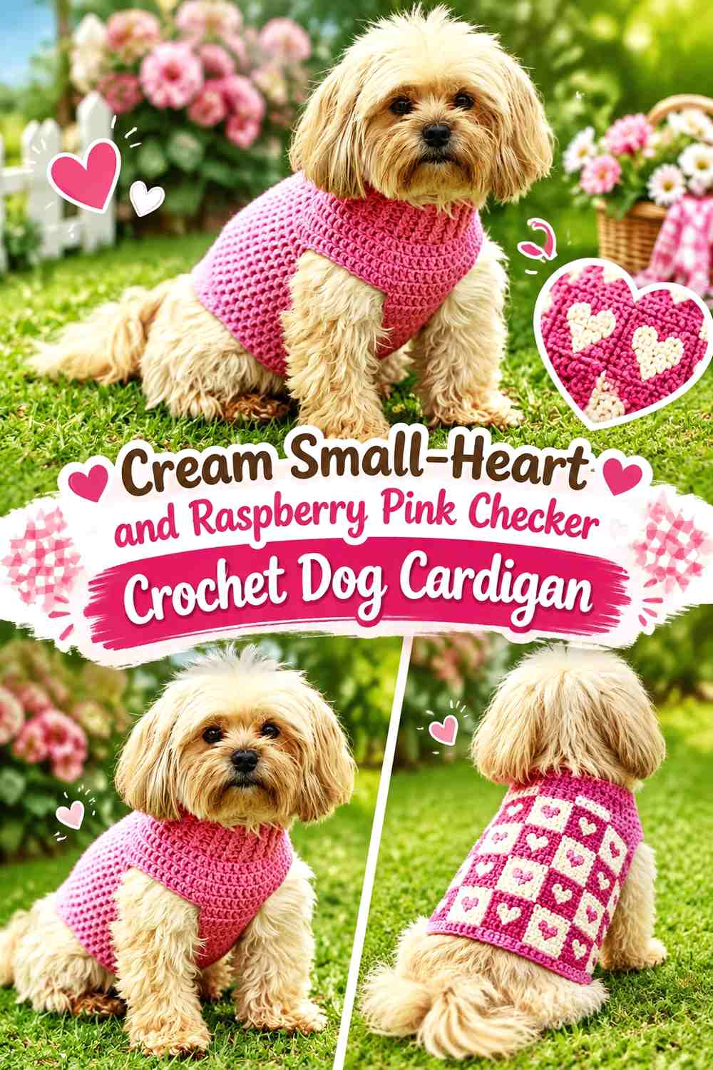 Cream Small-Heart and Raspberry Pink Checker Crochet Dog Cardigan