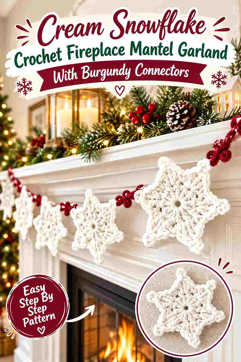 18. Cream Snowflake Crochet Fireplace Mantel Garland With Burgundy Connectors