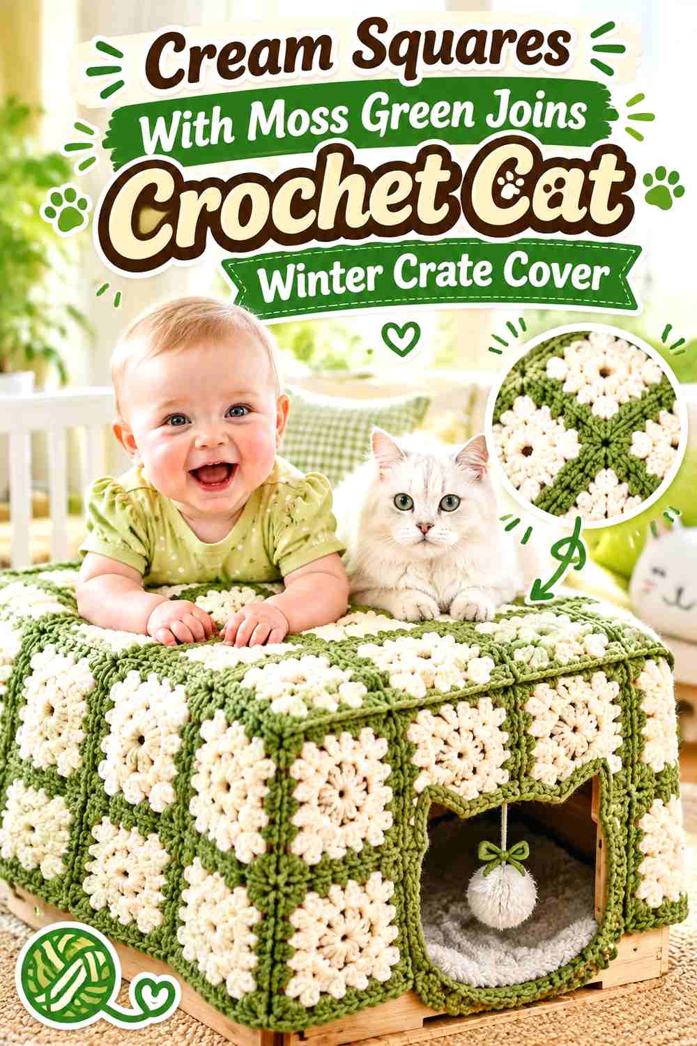 Cream Squares With Moss Green Joins Crochet Cat Winter Crate Cover